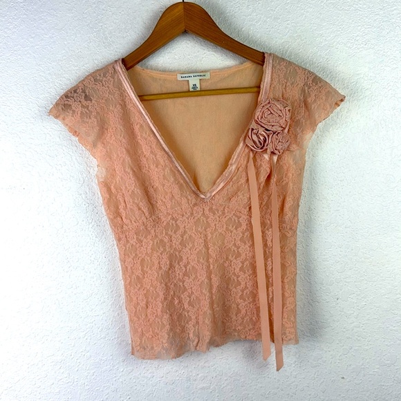 Banana Republic XS Vintage Pink V-Neck Lace Top with Rosette Accent fairycore - Picture 1 of 6